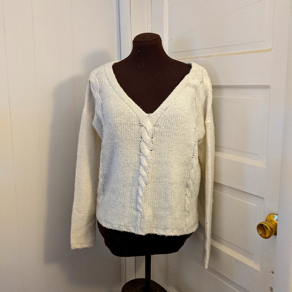 White Knitted Sweater with Cable Knit Detail Front